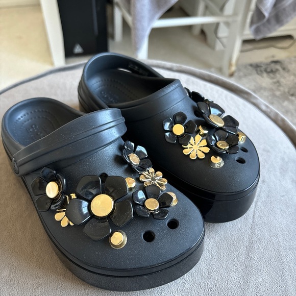 CROCS Black and Gold Floral Slippers - Picture 7 of 7